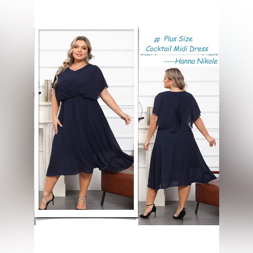 Plus Size Navy V-Neck Chiffon Midi Dress - Picture 2 of 8